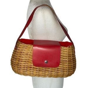 Wicker Shoulder Bag Purse with Red leather strap